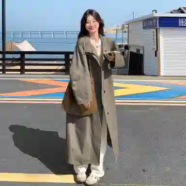 袋鼠 韩系过膝立领流行又酷又飒外套风衣 女款