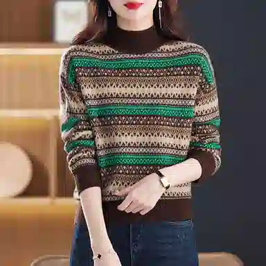 袋鼠 舒适柔软复古条纹印花百搭减龄半高领羊毛针织衫 女款