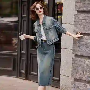 袋鼠 休闲牛仔两件套洋气减龄显瘦外套半身裙裙装套装 女款