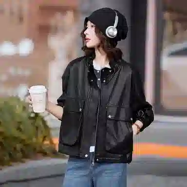 袋鼠 韩系别致御姐风又酷又飒立领外套皮衣 女款