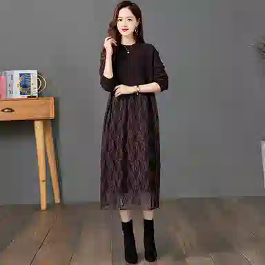 袋鼠 蕾丝拼接针织打底时尚长裙长袖连衣裙 女款