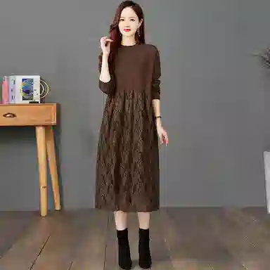 袋鼠 蕾丝拼接针织打底时尚长裙长袖连衣裙 女款