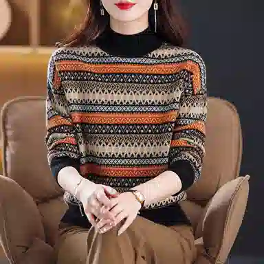 袋鼠 舒适柔软复古条纹印花百搭减龄半高领羊毛针织衫 女款