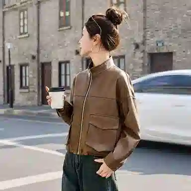 袋鼠 休闲宽松百搭短款夹克上衣皮衣 女款