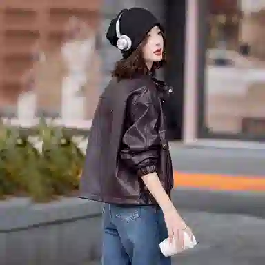 袋鼠 韩系别致御姐风又酷又飒立领外套皮衣 女款