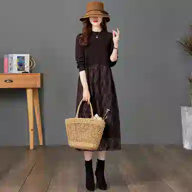 袋鼠 蕾丝拼接针织打底时尚长裙长袖连衣裙 女款