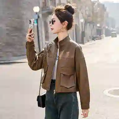 袋鼠 休闲宽松百搭短款夹克上衣皮衣 女款