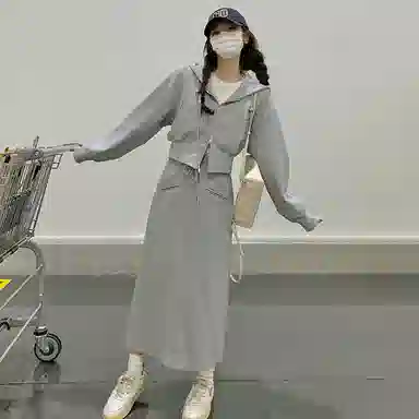 袋鼠 连帽开衫卫衣洋气减龄显瘦穿搭半身裙两件套裙装套装 女款