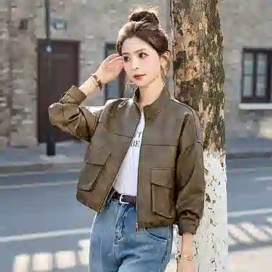 袋鼠 休闲宽松百搭短款夹克上衣皮衣 女款