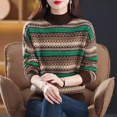 袋鼠 舒适柔软复古条纹印花百搭减龄半高领羊毛针织衫 女款