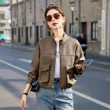 袋鼠 休闲宽松百搭短款夹克上衣皮衣 女款