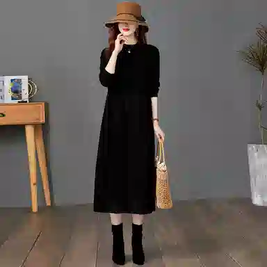 袋鼠 蕾丝拼接针织打底时尚长裙长袖连衣裙 女款