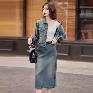袋鼠 休闲牛仔两件套洋气减龄显瘦外套半身裙裙装套装 女款