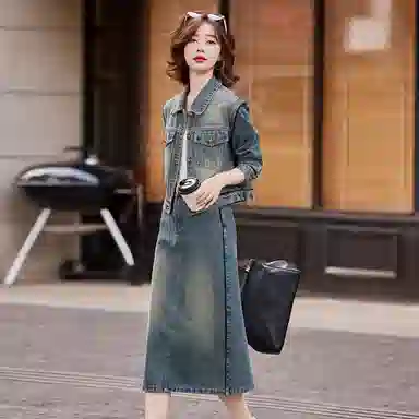 袋鼠 休闲牛仔两件套洋气减龄显瘦外套半身裙裙装套装 女款