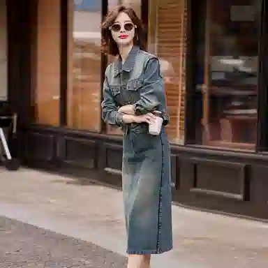 袋鼠 休闲牛仔两件套洋气减龄显瘦外套半身裙裙装套装 女款