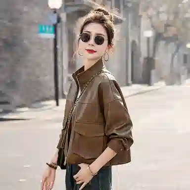 袋鼠 休闲宽松百搭短款夹克上衣皮衣 女款