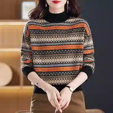 袋鼠 舒适柔软复古条纹印花百搭减龄半高领羊毛针织衫 女款