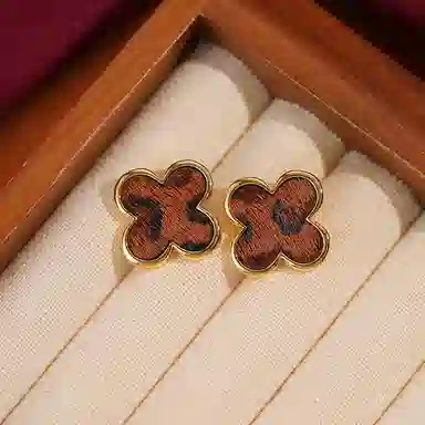 韵系 高级感豹纹四叶草 铜镀金 耳环 女款