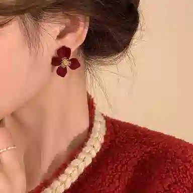 韵系 新年红丝绒花朵 铜镀金 耳环 女款
