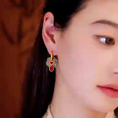 韵系 新中式复古珐琅宝相花 铜镀金 耳环 女款