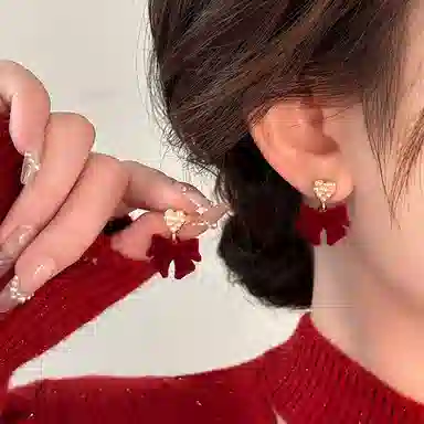 韵系 蝴蝶结爱心 丝绒 耳环 女款