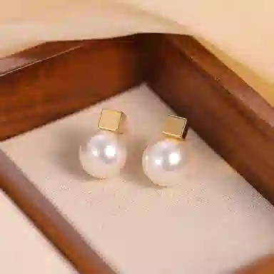 韵系 法式赫本风 几何方块无耳洞 仿珍珠 耳环 女款