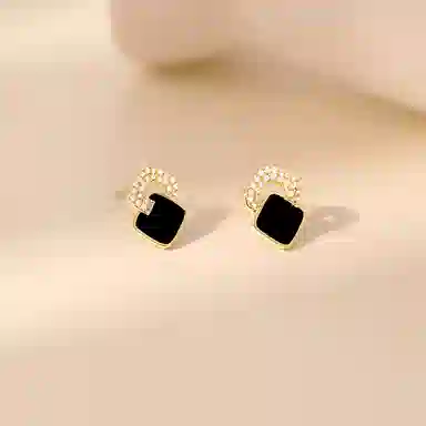 韵系 轻奢小众黑色菱形 铜镀金 耳环 女款