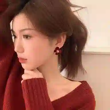 韵系 新年红丝绒花朵 铜镀金 耳环 女款