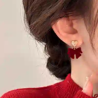 韵系 蝴蝶结爱心 丝绒 耳环 女款