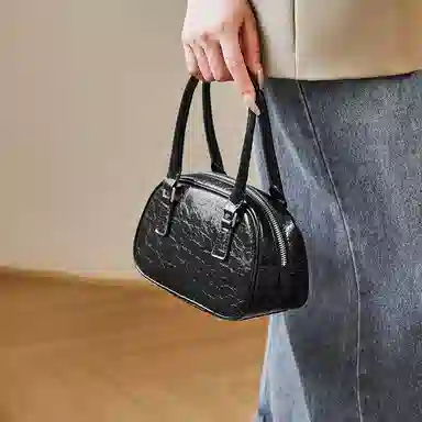 纳兰杜 女包百搭潮流甜酷少女高颜值个性精致包包 牛皮 保龄球包手提包单肩斜挎包手拎包 常规 女款 太空银/子夜黑