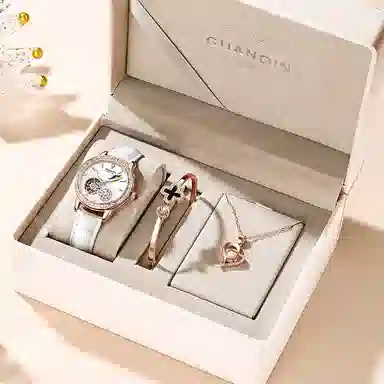 冠琴 绮梦星河系列 高颜值时尚潮流镶钻女士手表 自动机械机芯 牛皮表带 国表 女表 白色表盘 镂空飞轮夜光防水腕表