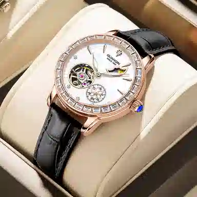 冠琴 绮梦星河系列 高颜值时尚潮流镶钻女士手表 自动机械机芯 牛皮表带 国表 女表 白色表盘 镂空飞轮夜光防水腕表