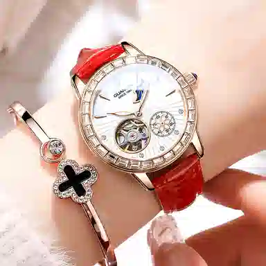 冠琴 绮梦星河系列 高颜值时尚潮流镶钻女士手表 自动机械机芯 牛皮表带 国表 女表 白色表盘 镂空飞轮夜光防水腕表