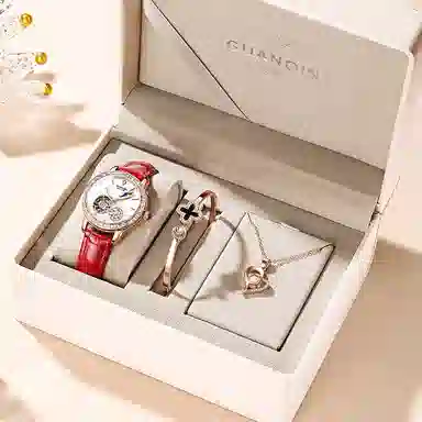 冠琴 绮梦星河系列 高颜值时尚潮流镶钻女士手表 自动机械机芯 牛皮表带 国表 女表 白色表盘 镂空飞轮夜光防水腕表