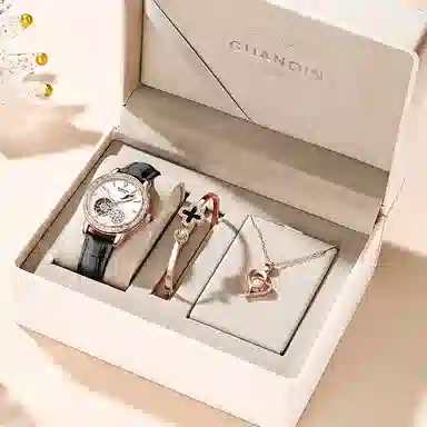 冠琴 绮梦星河系列 高颜值时尚潮流镶钻女士手表 自动机械机芯 牛皮表带 国表 女表 白色表盘 镂空飞轮夜光防水腕表