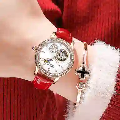 冠琴 绮梦星河系列 高颜值时尚潮流镶钻女士手表 自动机械机芯 牛皮表带 国表 女表 白色表盘 镂空飞轮夜光防水腕表