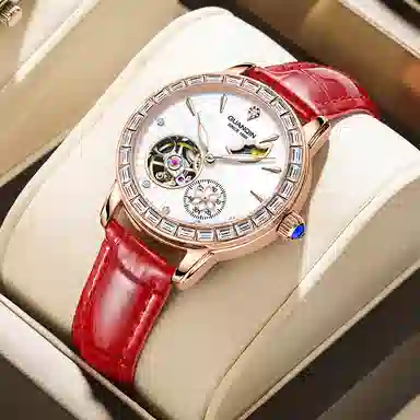 冠琴 绮梦星河系列 高颜值时尚潮流镶钻女士手表 自动机械机芯 牛皮表带 国表 女表 白色表盘 镂空飞轮夜光防水腕表