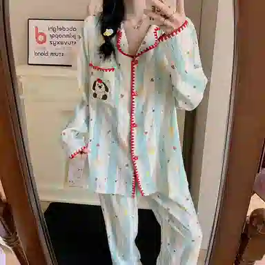 静英鸾 云朵棉长袖长裤翻领开衫可爱卡通条纹小狗两件套家居服秋冬季睡衣套装 女款