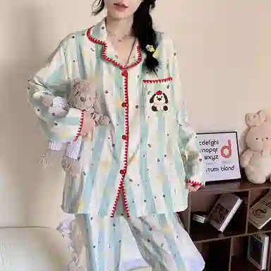 静英鸾 云朵棉长袖长裤翻领开衫可爱卡通条纹小狗两件套家居服秋冬季睡衣套装 女款
