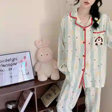 静英鸾 云朵棉长袖长裤翻领开衫可爱卡通条纹小狗两件套家居服秋冬季睡衣套装 女款