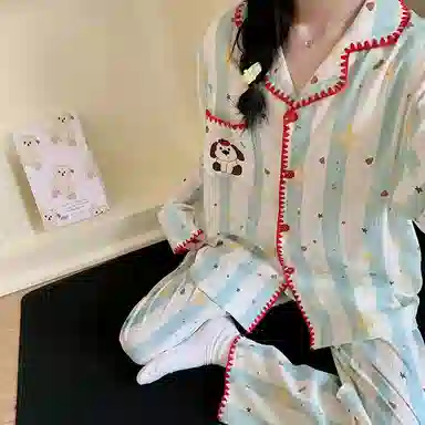 静英鸾 云朵棉长袖长裤翻领开衫可爱卡通条纹小狗两件套家居服秋冬季睡衣套装 女款
