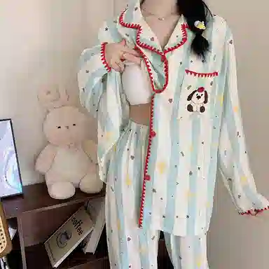 静英鸾 云朵棉长袖长裤翻领开衫可爱卡通条纹小狗两件套家居服秋冬季睡衣套装 女款