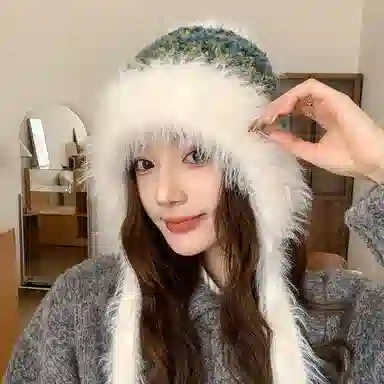 【秋冬~多巴胺氛围感】 攸委 彩色系带条纹毛绒针织护耳帽子冬季保暖防寒加厚加绒 涤纶 高颜值甜美时尚百搭包头绒线帽雷锋帽 女款