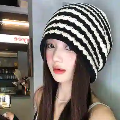 【宽松大头围显脸小】 攸委 韩版时尚百搭通勤条纹堆堆帽女秋冬季保暖加厚防寒护耳帽 针织 高级设计感套头冷帽包头帽子绒线帽 女款