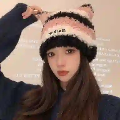 【甜酷Y2k~小猫模拟器】 攸委 韩版撞色条纹可爱猫耳朵毛线帽子秋冬季保暖加厚防寒 涤纶 针织套头毛绒线包头帽护耳帽 男女同款情侣款