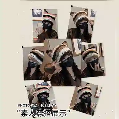 【甜酷Y2k~小猫模拟器】 攸委 韩版撞色条纹可爱猫耳朵毛线帽子秋冬季保暖加厚防寒 涤纶 针织套头毛绒线包头帽护耳帽 男女同款情侣款