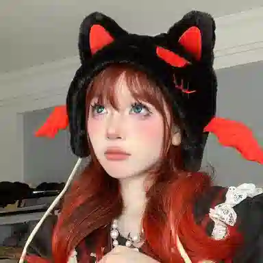 【甜酷Y2K~搞怪萌趣】 攸委 可爱甜美百搭小恶魔耳朵毛绒帽子女秋冬加厚保暖护耳帽 涤纶 卡通小喵滑雪套头帽雷锋绒线帽 男女同款情侣款