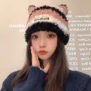 【甜酷Y2k~小猫模拟器】 攸委 韩版撞色条纹可爱猫耳朵毛线帽子秋冬季保暖加厚防寒 涤纶 针织套头毛绒线包头帽护耳帽 男女同款情侣款