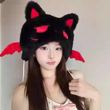【甜酷Y2K~搞怪萌趣】 攸委 可爱甜美百搭小恶魔耳朵毛绒帽子女秋冬加厚保暖护耳帽 涤纶 卡通小喵滑雪套头帽雷锋绒线帽 男女同款情侣款