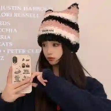 【甜酷Y2k~小猫模拟器】 攸委 韩版撞色条纹可爱猫耳朵毛线帽子秋冬季保暖加厚防寒 涤纶 针织套头毛绒线包头帽护耳帽 男女同款情侣款